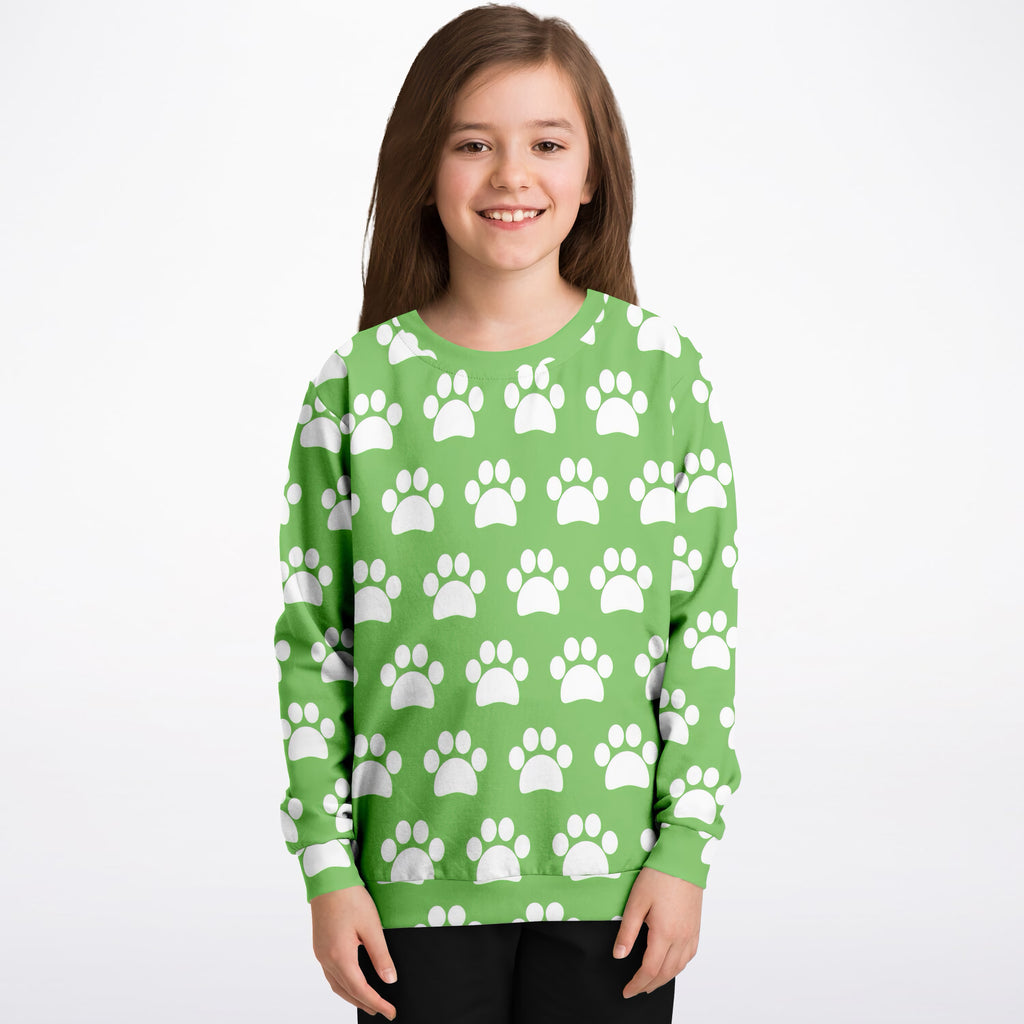 Kids Green Paw Print Sweatshirt – Ultra Soft & Stretchy, Cozy Fleece or Lightweight Sports Fabric Sweatshirt – Ultra Soft & Stretchy, Cozy Fleece or Lightweight Sports Fabric