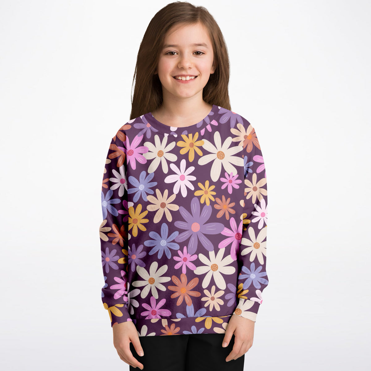 Girls Purple Daisy Sweatshirt – Ultra Soft & Stretchy, Cozy Fleece or Lightweight Sports Fabric Sweatshirt – Ultra Soft & Stretchy, Cozy Fleece or Lightweight Sports Fabric