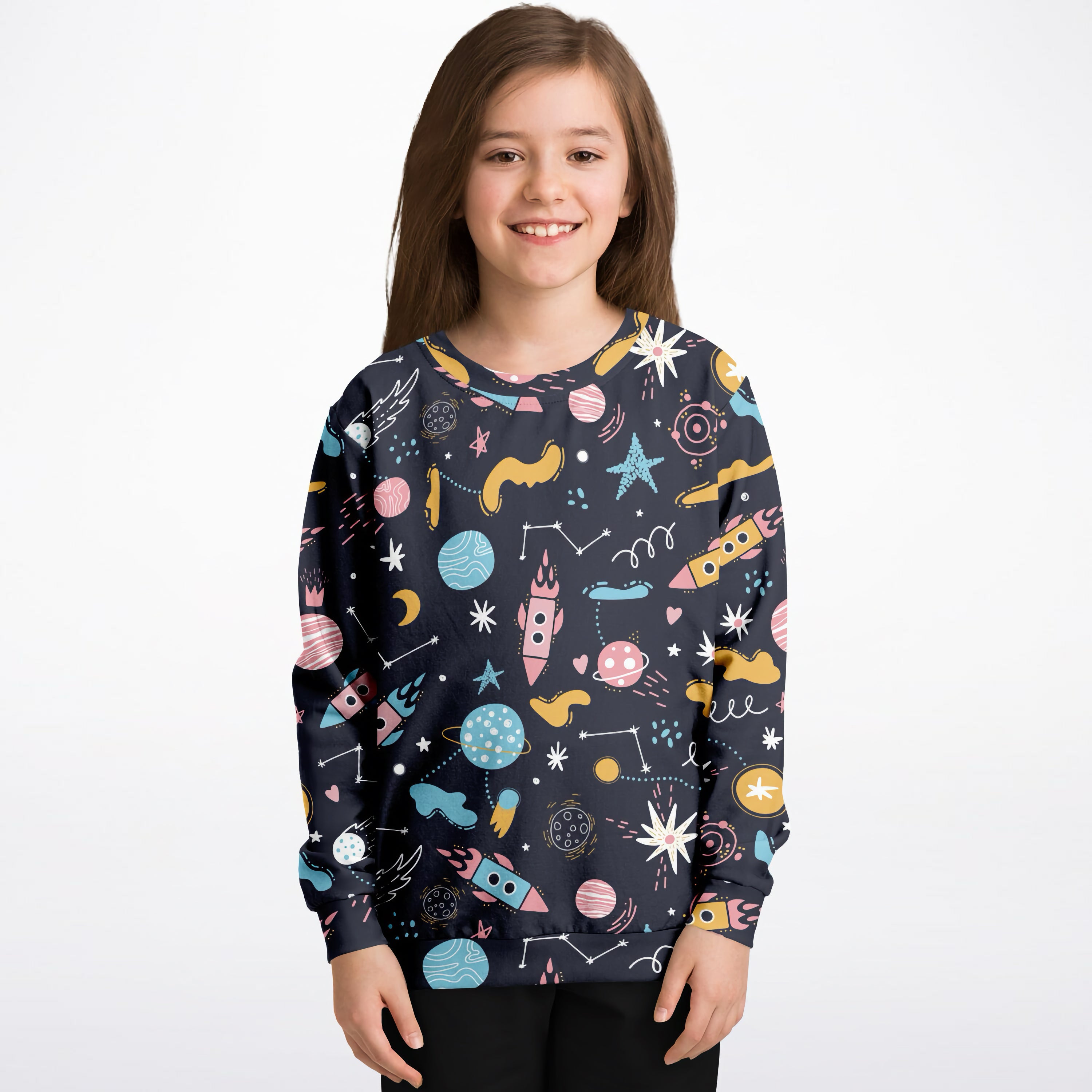 Kids Outer Space Sweatshirt – Cozy Cotton Fleece or Lightweight Sports Fabric