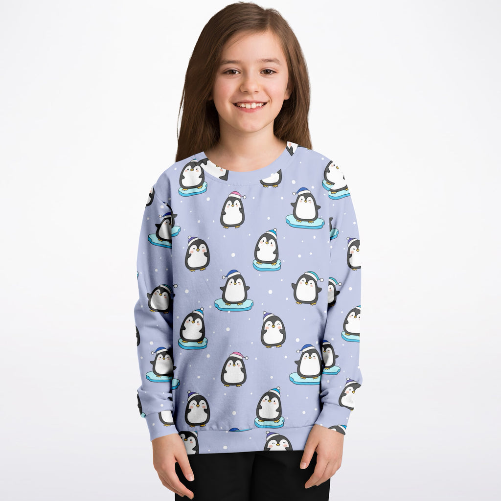 Kids Light Purple Penguin & Snowman Christmas Sweatshirt – Ultra Soft & Stretchy, Cozy Fleece or Lightweight Sports Fabric Sweatshirt – Ultra Soft & Stretchy, Cozy Fleece or Lightweight Sports Fabric