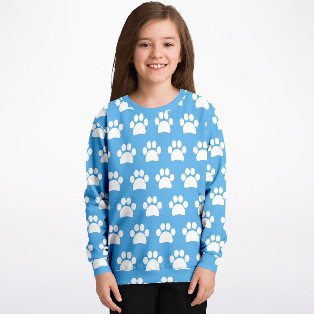 Kids Light Sky Blue Paw Print Sweatshirt – Ultra Soft & Stretchy, Cozy Fleece or Lightweight Sports Fabric Sweatshirt – Ultra Soft & Stretchy, Cozy Fleece or Lightweight Sports Fabric