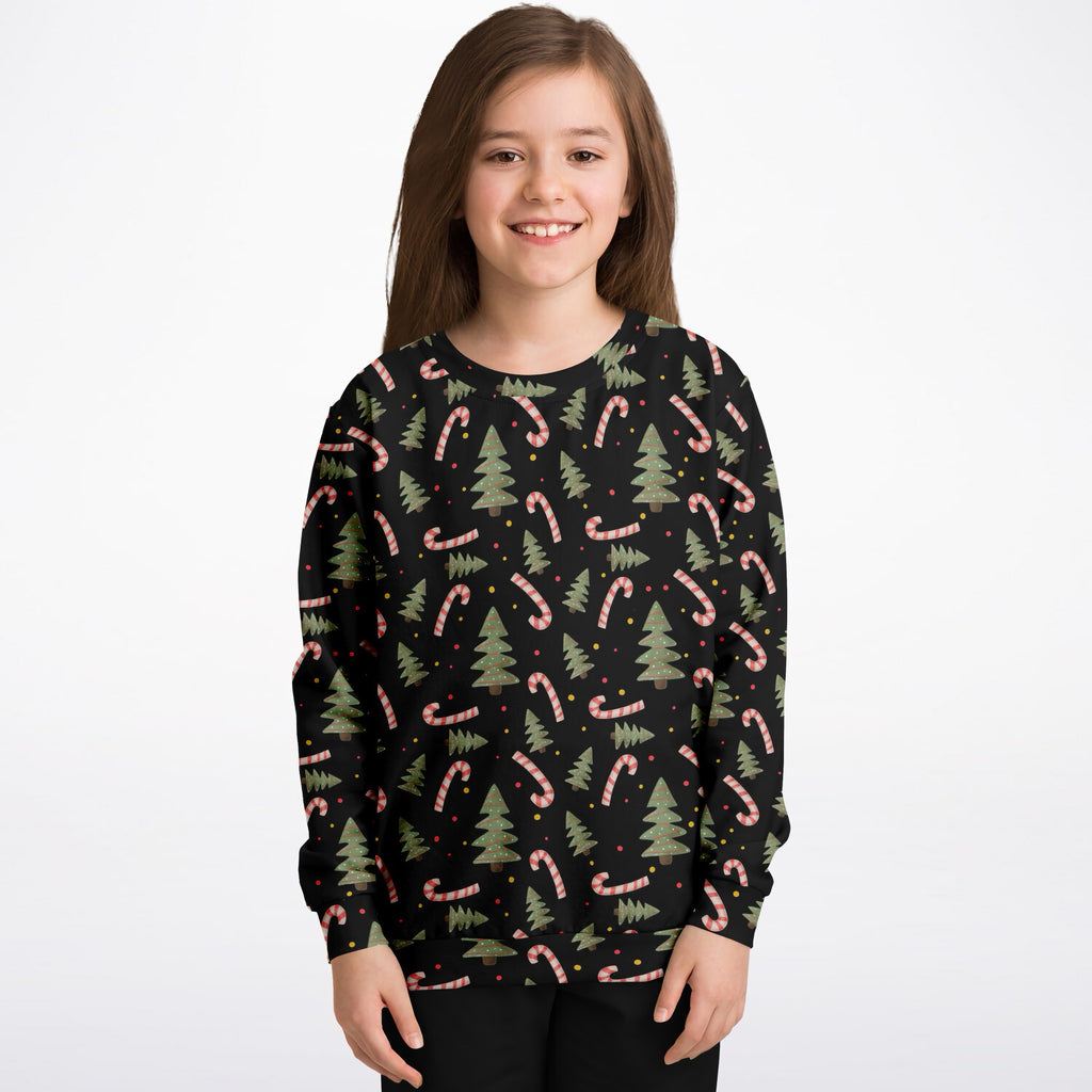 Kids Christmas Tree & Candy Cane Sweatshirt – Ultra Soft & Stretchy, Cozy Fleece or Lightweight Sports Fabric Sweatshirt – Ultra Soft & Stretchy, Cozy Fleece or Lightweight Sports Fabric