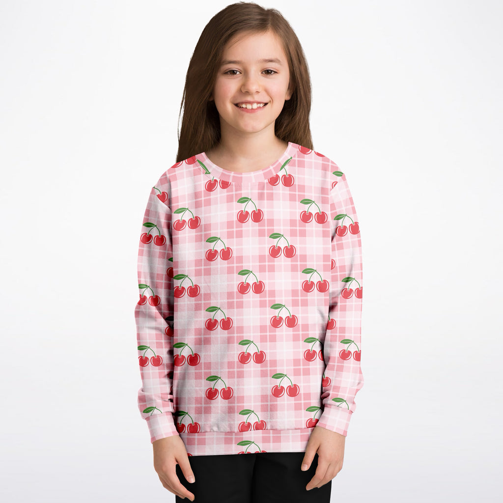 Girls Pink Cherry Plaid Sweatshirt – Ultra Soft & Stretchy, Cozy Fleece or Lightweight Sports Fabric Sweatshirt – Ultra Soft & Stretchy, Cozy Fleece or Lightweight Sports Fabric