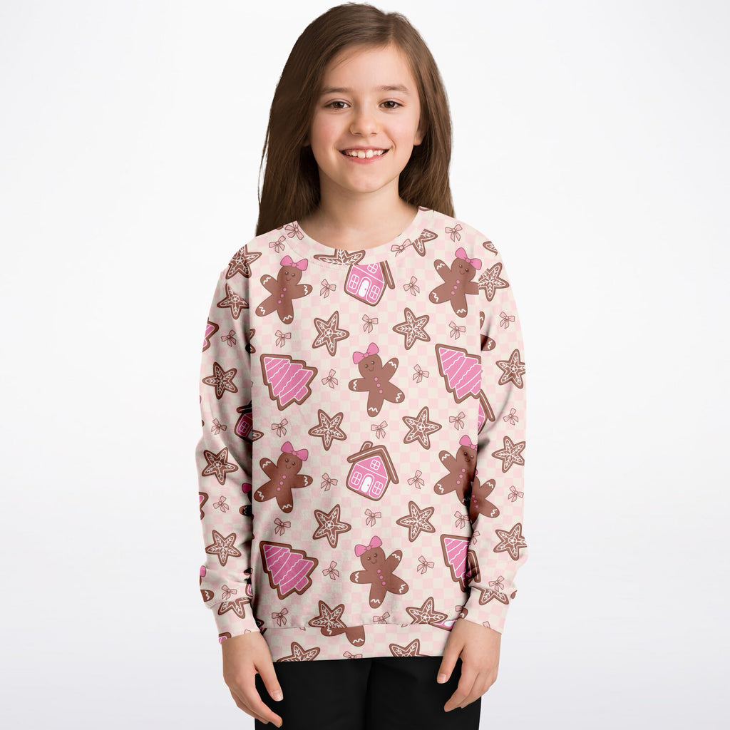 Girls Pink Christmas Gingerbread Sweatshirt – Ultra Soft & Stretchy, Cozy Fleece or Lightweight Sports Fabric Sweatshirt – Ultra Soft & Stretchy, Cozy Fleece or Lightweight Sports Fabric