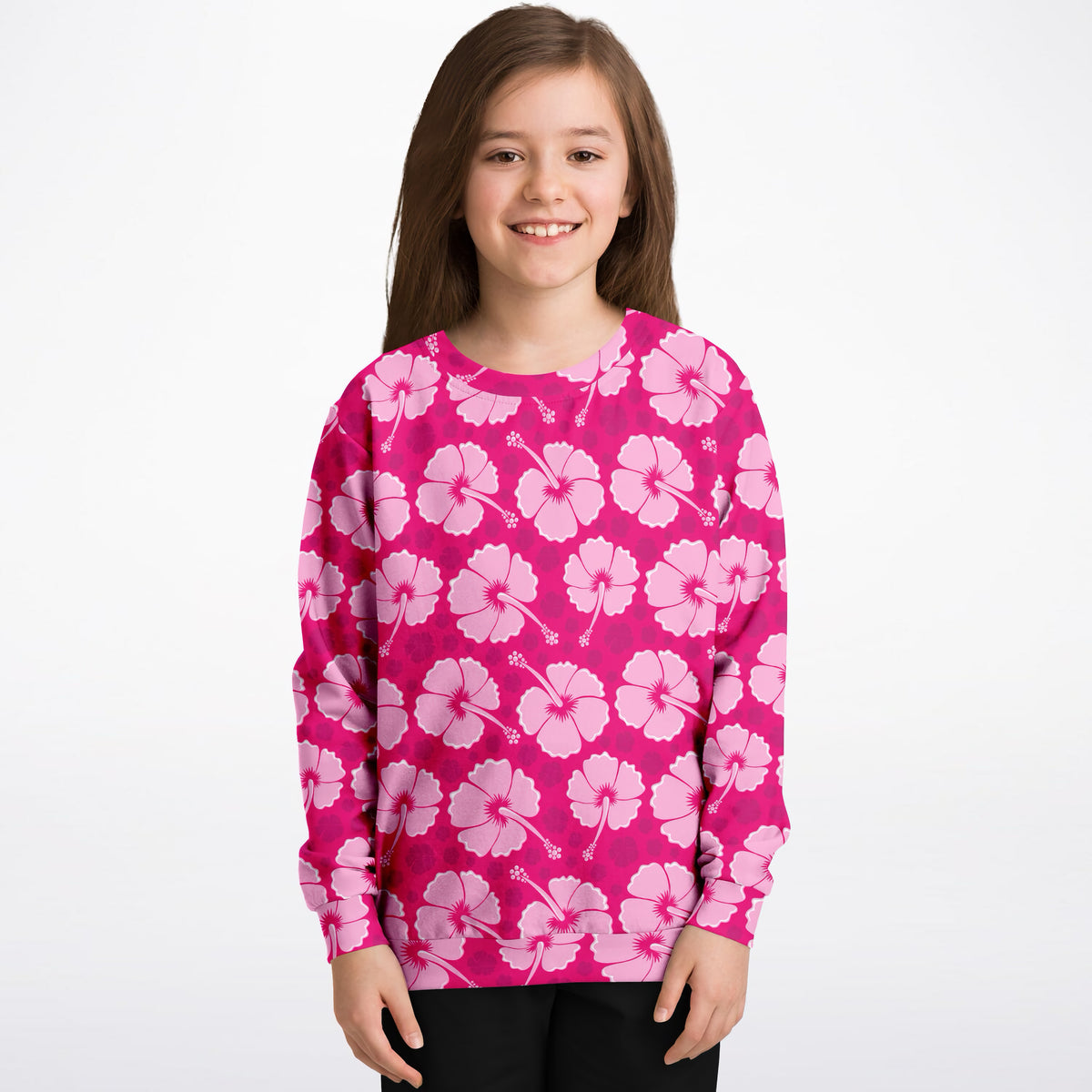 Girls Tropical Pink Hibiscus Sweatshirt – Ultra Soft & Stretchy, Cozy Fleece or Lightweight Sports Fabric Sweatshirt – Ultra Soft & Stretchy, Cozy Fleece or Lightweight Sports Fabric