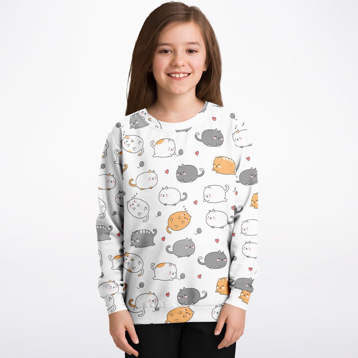 Kids Adorable Kawaii Kittens & Hearts Sweatshirt – Ultra Soft & Stretchy, Cozy Fleece or Lightweight Sports Fabric Sweatshirt – Ultra Soft & Stretchy, Cozy Fleece or Lightweight Sports Fabric