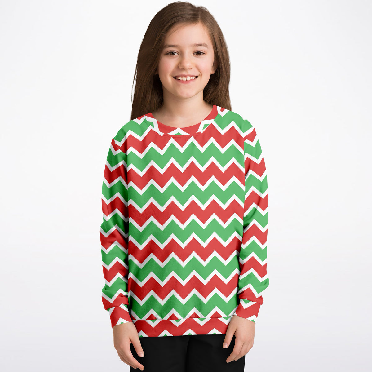 Kids Red Green & White Christmas Chevron Sweatshirt – Ultra Soft & Stretchy, Cozy Fleece or Lightweight Sports Fabric Sweatshirt – Ultra Soft & Stretchy, Cozy Fleece or Lightweight Sports Fabric