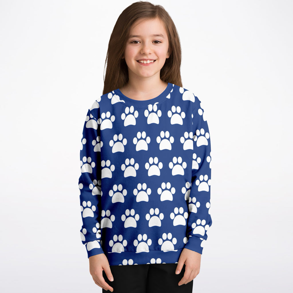 Kids Dark Blue Paw Print Sweatshirt – Ultra Soft & Stretchy, Cozy Fleece or Lightweight Sports Fabric Sweatshirt – Ultra Soft & Stretchy, Cozy Fleece or Lightweight Sports Fabric