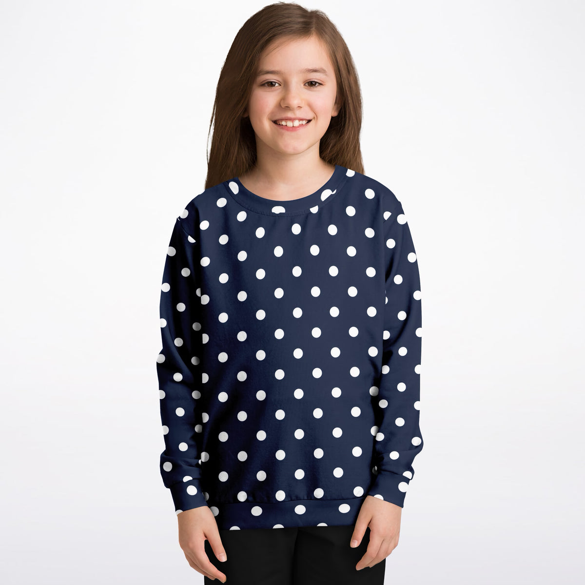 Kids Dark Navy Blue Polka Dot Sweatshirt – Ultra Soft & Stretchy, Cozy Fleece or Lightweight Sports Fabric Sweatshirt – Ultra Soft & Stretchy, Cozy Fleece or Lightweight Sports Fabric