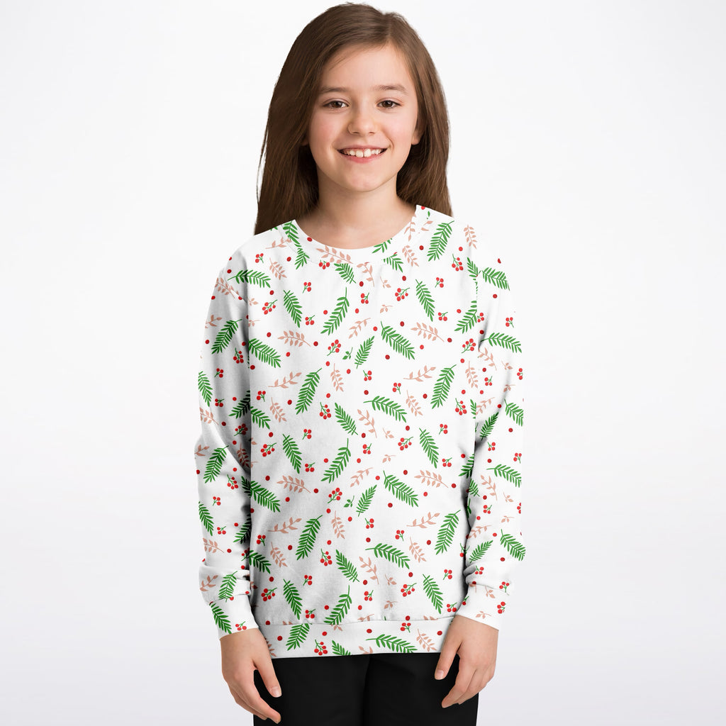 Kids Christmas Greenery and Red Berry Sweatshirt – Ultra Soft & Stretchy, Cozy Fleece or Lightweight Sports Fabric Sweatshirt – Ultra Soft & Stretchy, Cozy Fleece or Lightweight Sports Fabric