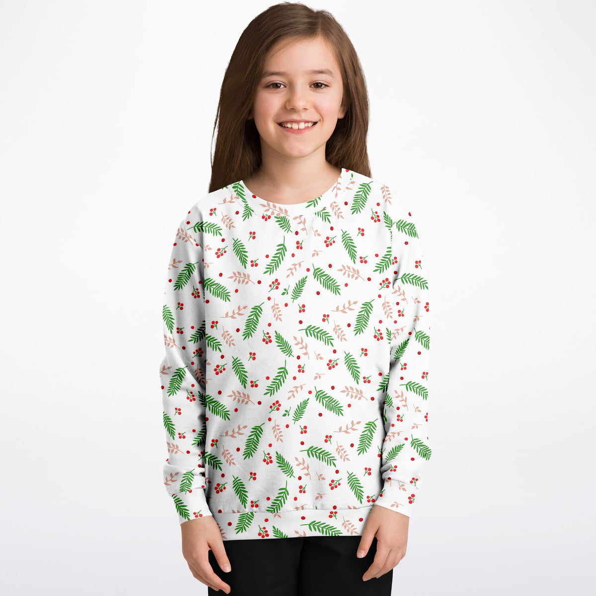 Kids Christmas Greenery and Red Berry Sweatshirt – Ultra Soft & Stretchy, Cozy Fleece or Lightweight Sports Fabric Sweatshirt – Ultra Soft & Stretchy, Cozy Fleece or Lightweight Sports Fabric
