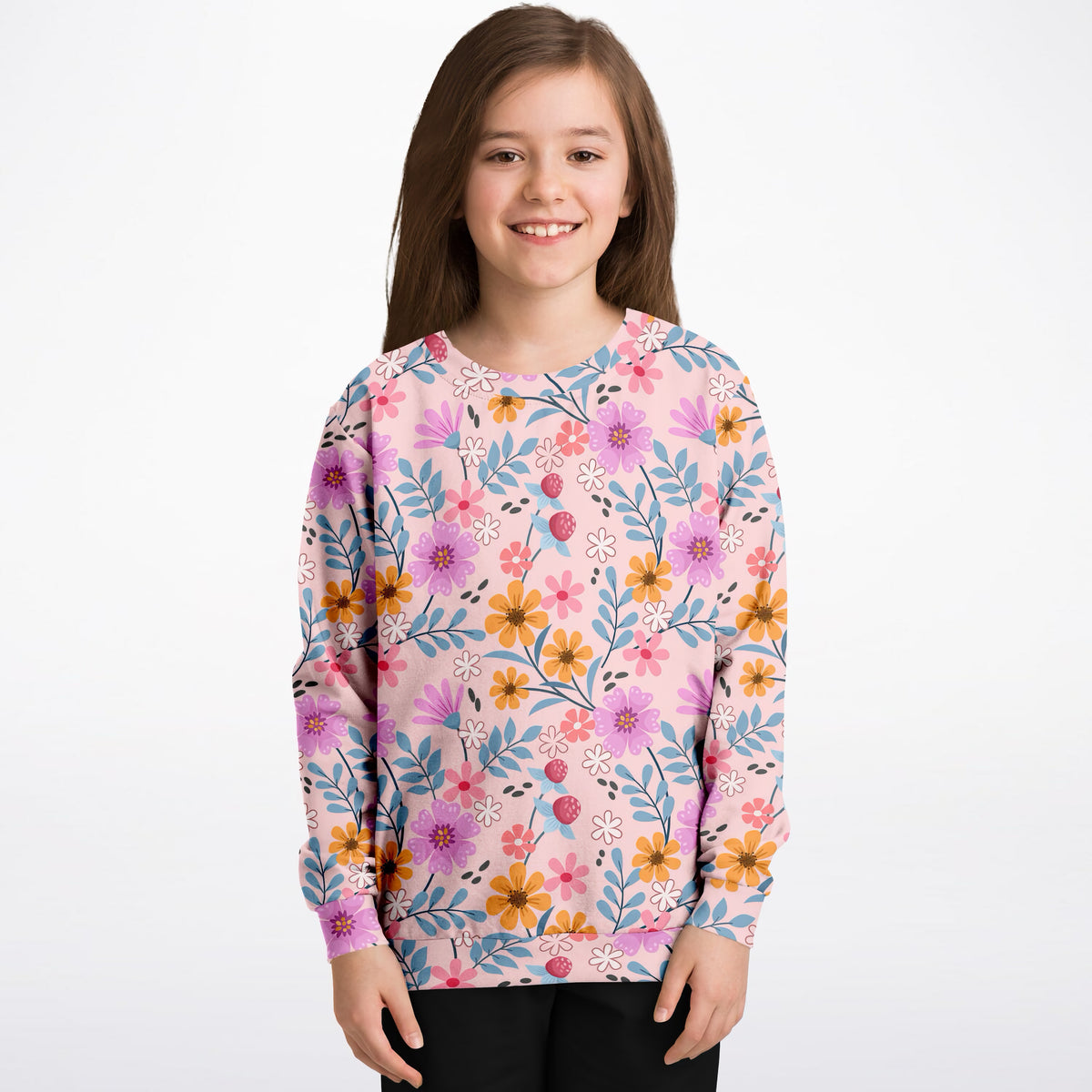 Girls Pink Wildflower Sweatshirt – Ultra Soft & Stretchy, Cozy Fleece or Lightweight Sports Fabric Sweatshirt – Ultra Soft & Stretchy, Cozy Fleece or Lightweight Sports Fabric