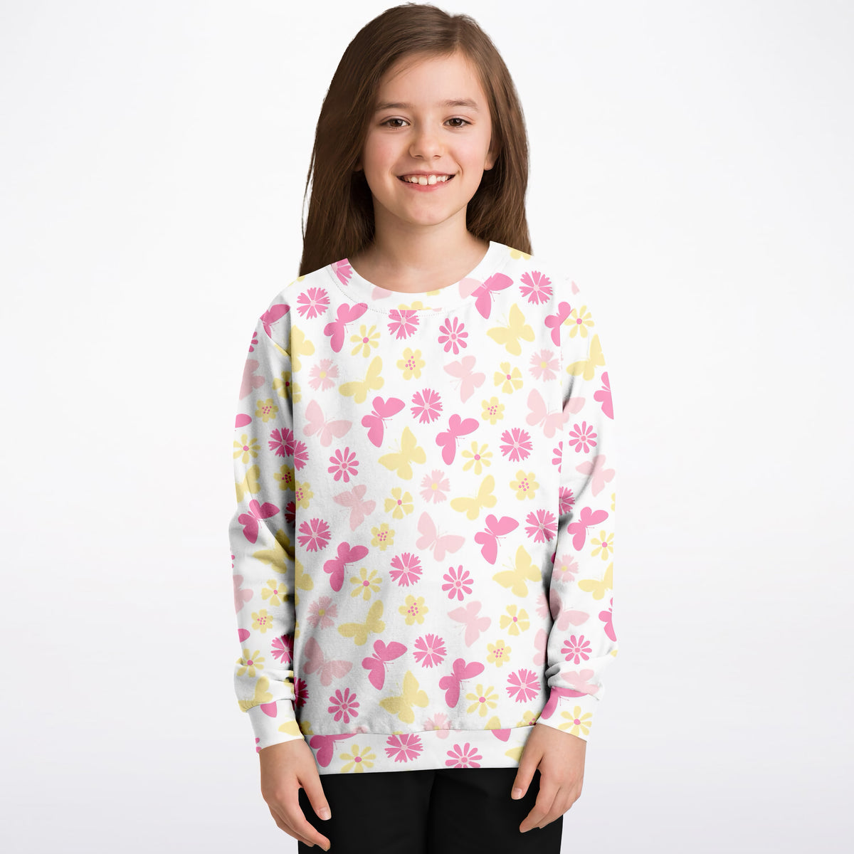 Girls Pink & Yellow Butterfly Sweatshirt – Ultra Soft & Stretchy, Cozy Fleece or Lightweight Sports Fabric Sweatshirt – Ultra Soft & Stretchy, Cozy Fleece or Lightweight Sports Fabric