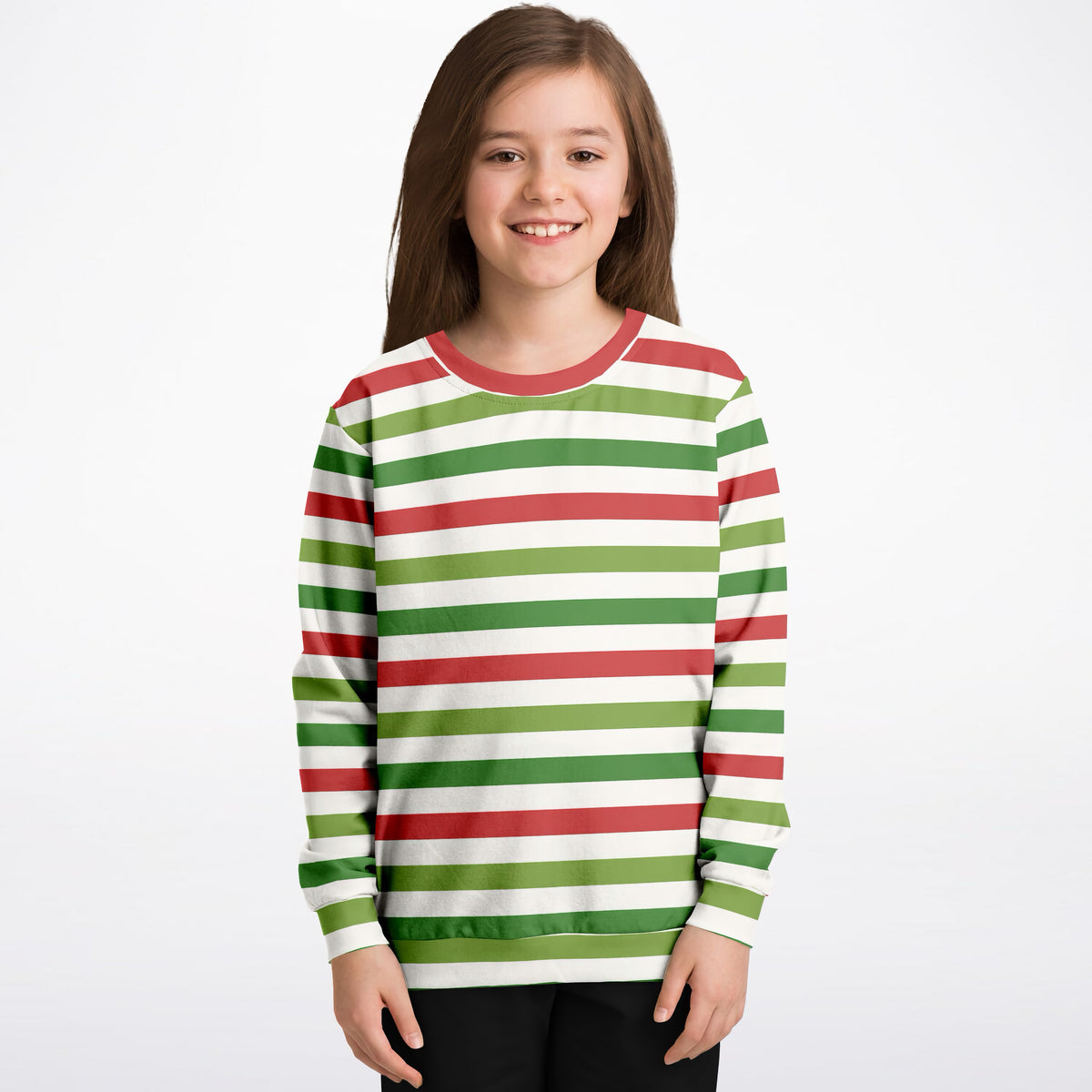 Kids Red Green & White Christmas Striped Sweatshirt – Ultra Soft & Stretchy, Cozy Fleece or Lightweight Sports Fabric Sweatshirt – Ultra Soft & Stretchy, Cozy Fleece or Lightweight Sports Fabric
