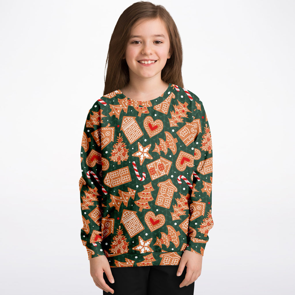 Kids Green Christmas Gingerbread Sweatshirt – Ultra Soft & Stretchy, Cozy Fleece or Lightweight Sports Fabric Sweatshirt – Ultra Soft & Stretchy, Cozy Fleece or Lightweight Sports Fabric