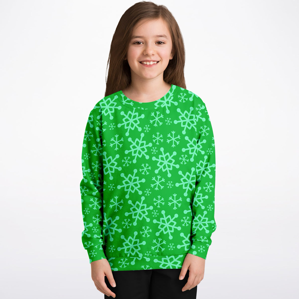 Kids Green Snowflake Christmas Sweatshirt – Ultra Soft & Stretchy, Cozy Fleece or Lightweight Sports Fabric Sweatshirt – Ultra Soft & Stretchy, Cozy Fleece or Lightweight Sports Fabric