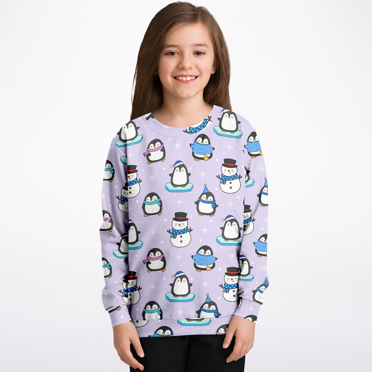 Kids Purple Penguin & Snowman Christmas Sweatshirt – Ultra Soft & Stretchy, Cozy Fleece or Lightweight Sports Fabric Sweatshirt – Ultra Soft & Stretchy, Cozy Fleece or Lightweight Sports Fabric