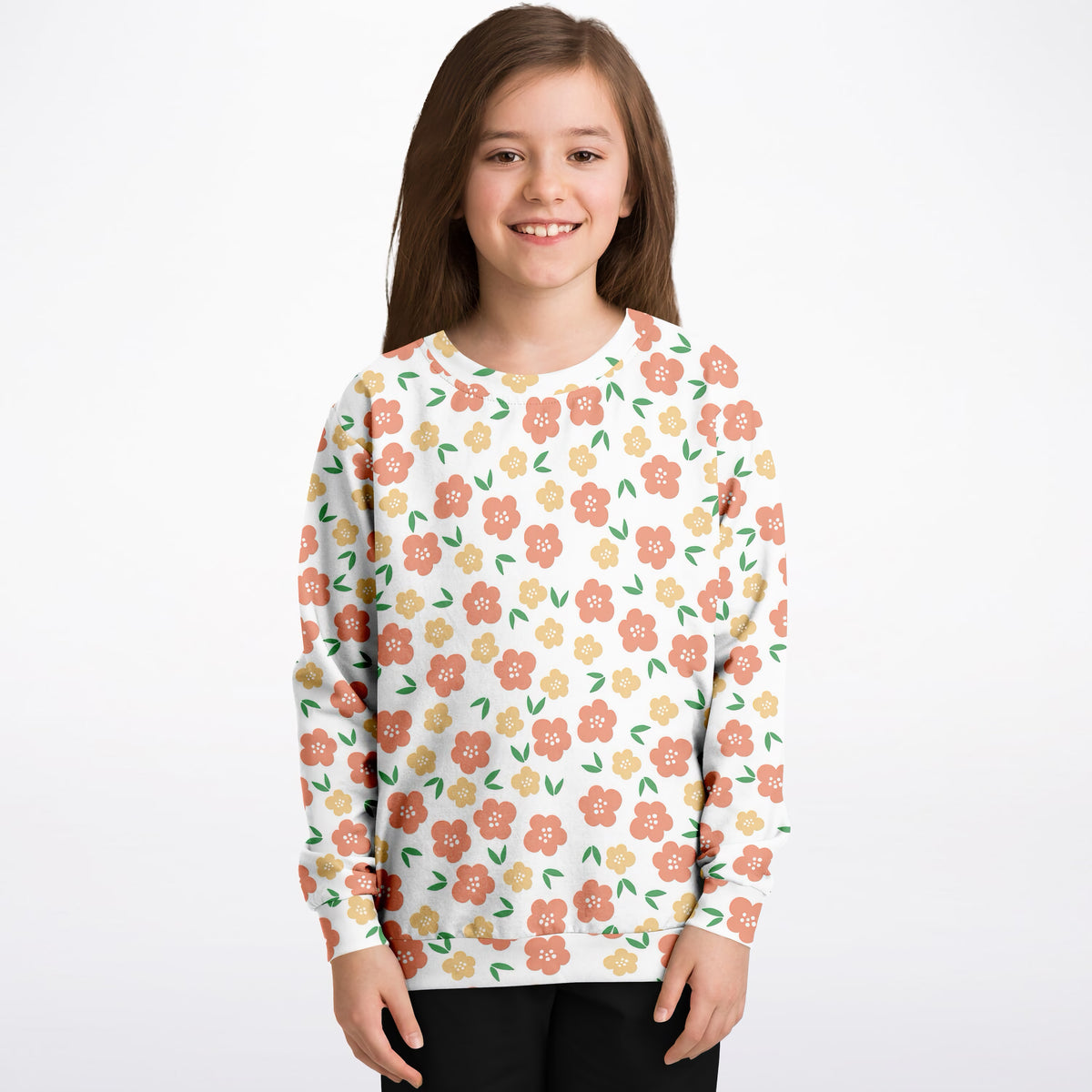 Girls Peach & Yellow Floral Sweatshirt – Ultra Soft & Stretchy, Cozy Fleece or Lightweight Sports Fabric Sweatshirt – Ultra Soft & Stretchy, Cozy Fleece or Lightweight Sports Fabric