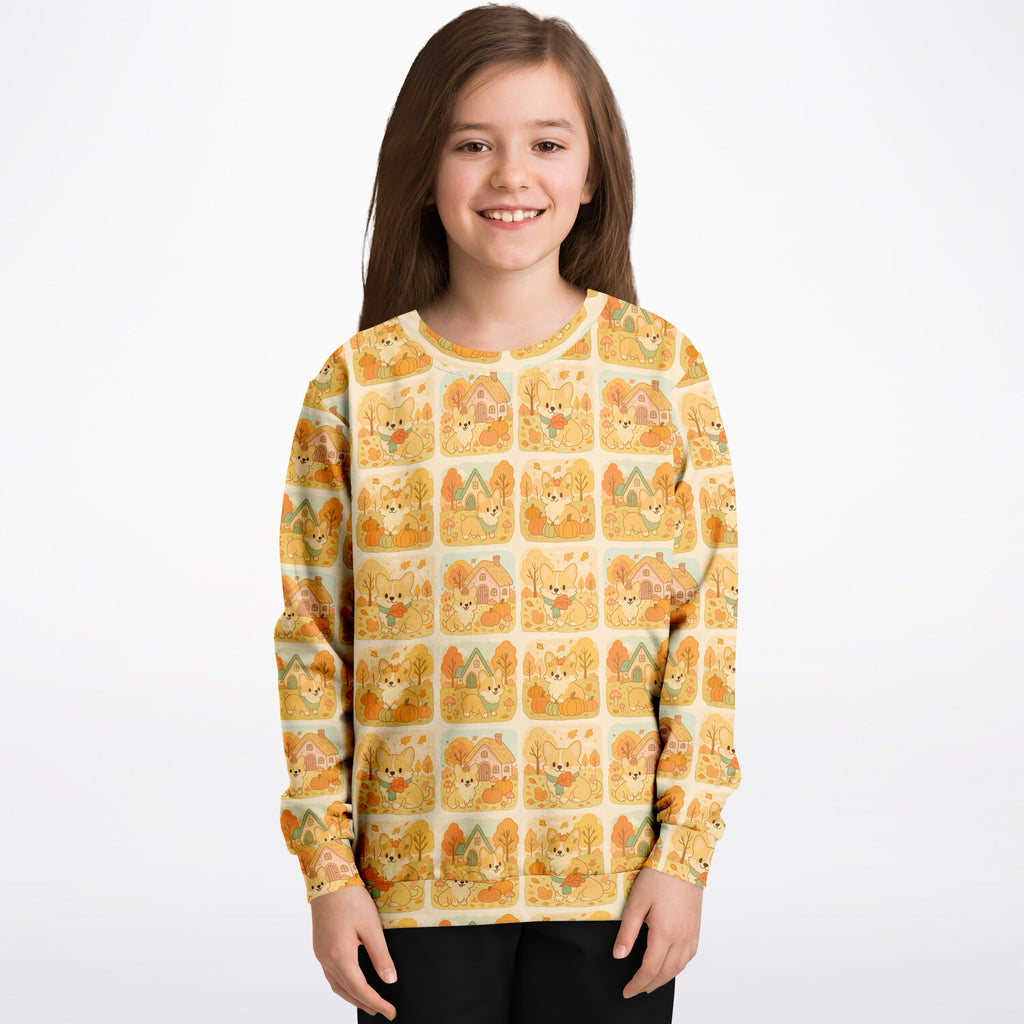Kids Autumn Corgi Dog Sweatshirt – Ultra Soft & Stretchy, Cozy Fleece or Lightweight Sports Fabric Sweatshirt – Ultra Soft & Stretchy, Cozy Fleece or Lightweight Sports Fabric