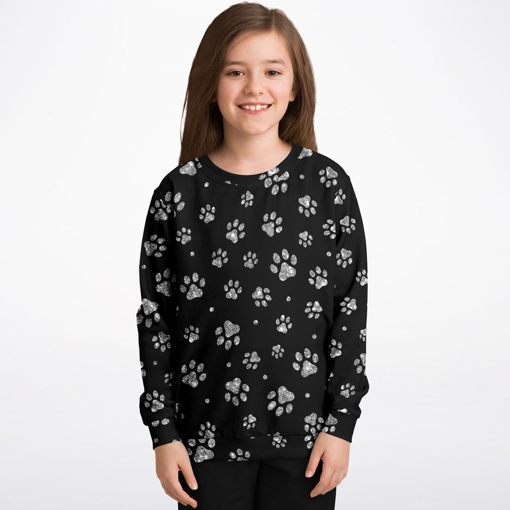 Kids Silver Faux Glitter Paw Print Sweatshirt – Ultra Soft & Stretchy, Cozy Fleece or Lightweight Sports Fabric Sweatshirt – Ultra Soft & Stretchy, Cozy Fleece or Lightweight Sports Fabric