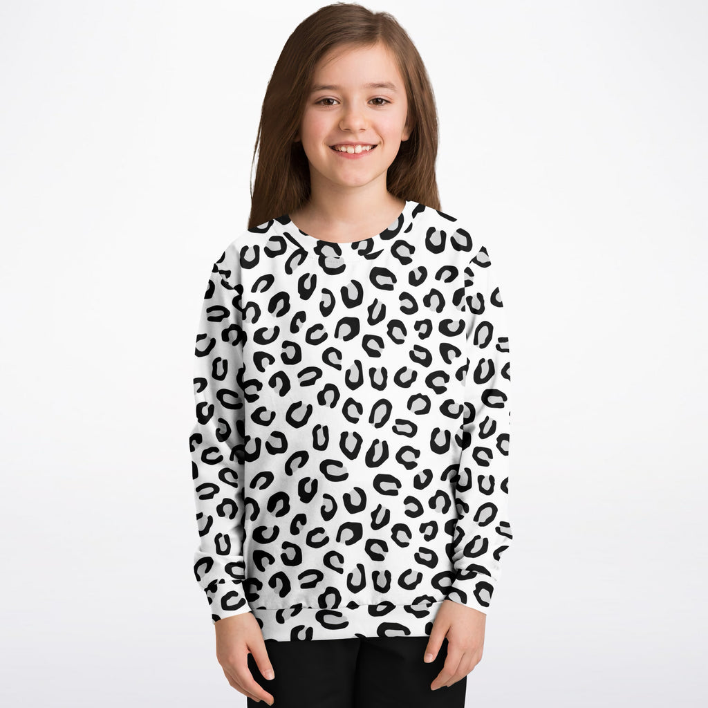 Kids Black & White Leopard Print Sweatshirt – Ultra Soft & Stretchy, Cozy Fleece or Lightweight Sports Fabric Sweatshirt – Ultra Soft & Stretchy, Cozy Fleece or Lightweight Sports Fabric