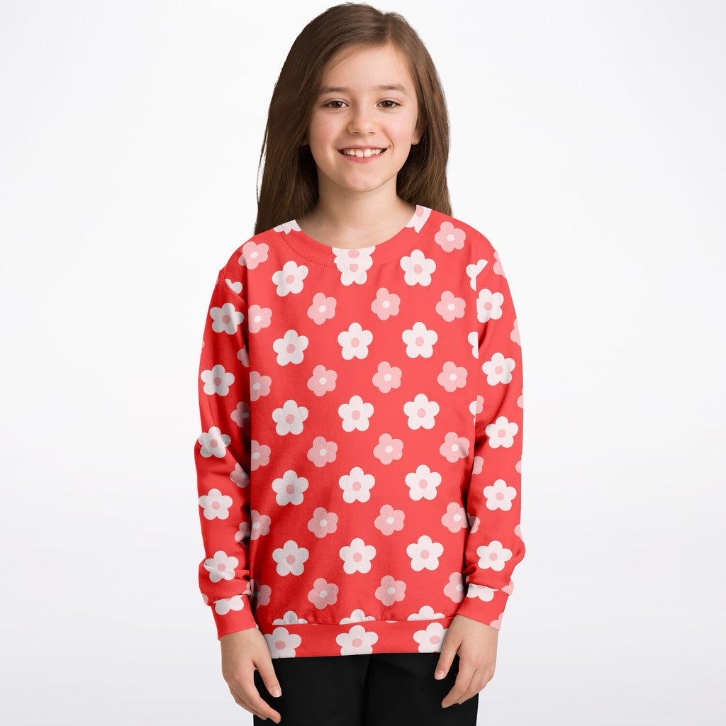 Girls Red Daisy Flower Sweatshirt – Ultra Soft & Stretchy, Cozy Fleece or Lightweight Sports Fabric Sweatshirt – Ultra Soft & Stretchy, Cozy Fleece or Lightweight Sports Fabric
