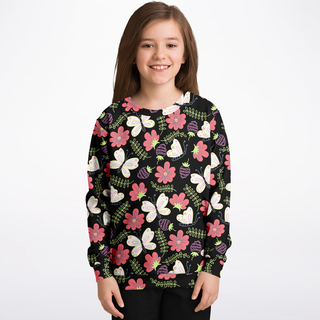 Girls Black Butterfly & Floral Sweatshirt – Ultra Soft & Stretchy, Cozy Fleece or Lightweight Sports Fabric Sweatshirt – Ultra Soft & Stretchy, Cozy Fleece or Lightweight Sports Fabric