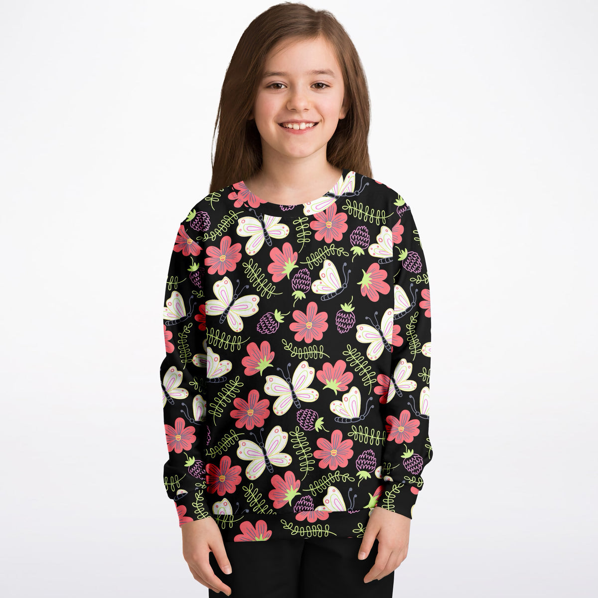 Girls Black Butterfly & Floral Sweatshirt – Ultra Soft & Stretchy, Cozy Fleece or Lightweight Sports Fabric Sweatshirt – Ultra Soft & Stretchy, Cozy Fleece or Lightweight Sports Fabric