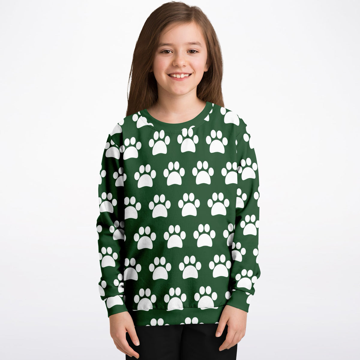 Kids Forest Green Paw Print Sweatshirt – Ultra Soft & Stretchy, Cozy Fleece or Lightweight Sports Fabric Sweatshirt – Ultra Soft & Stretchy, Cozy Fleece or Lightweight Sports Fabric