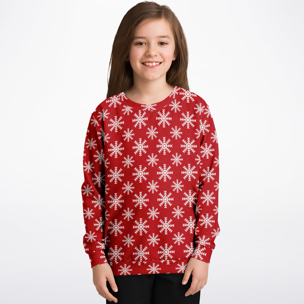 Kids Red Christmas Snowflake Sweatshirt – Ultra Soft & Stretchy, Cozy Fleece or Lightweight Sports Fabric Sweatshirt – Ultra Soft & Stretchy, Cozy Fleece or Lightweight Sports Fabric