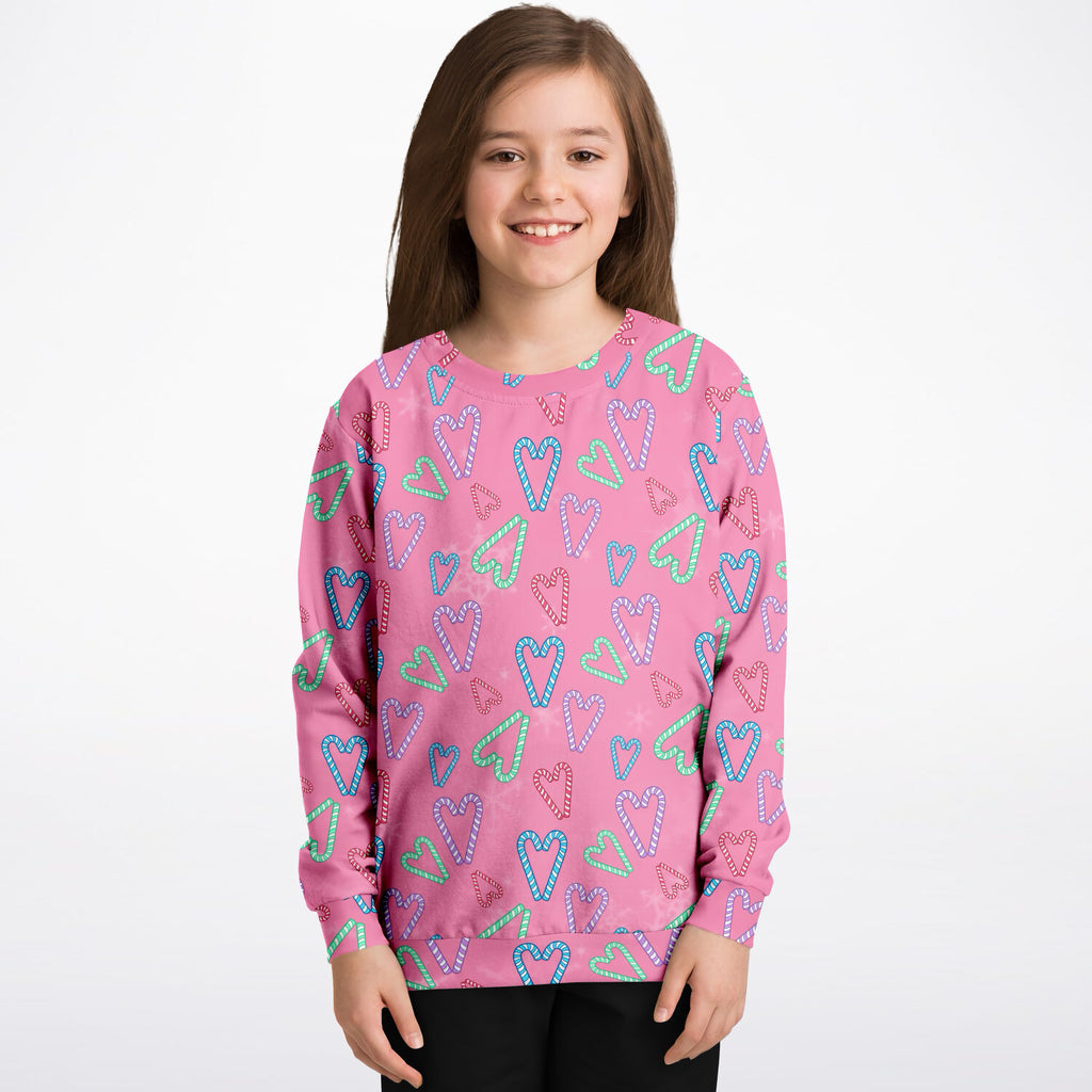 Girls Pink Christmas Candy Cane Heart Sweatshirt – Ultra Soft & Stretchy, Cozy Fleece or Lightweight Sports Fabric Sweatshirt – Ultra Soft & Stretchy, Cozy Fleece or Lightweight Sports Fabric