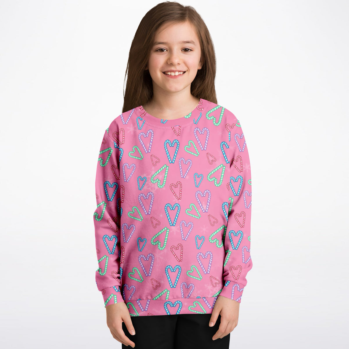 Girls Pink Christmas Candy Cane Heart Sweatshirt – Ultra Soft & Stretchy, Cozy Fleece or Lightweight Sports Fabric Sweatshirt – Ultra Soft & Stretchy, Cozy Fleece or Lightweight Sports Fabric