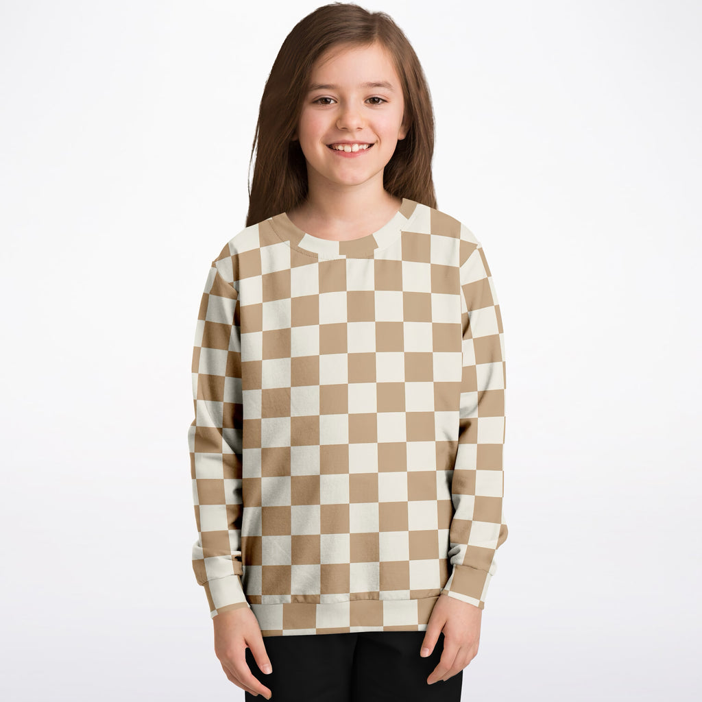 Kids Beige Checkered Sweatshirt – Ultra Soft & Stretchy, Cozy Fleece or Lightweight Sports Fabric Sweatshirt – Ultra Soft & Stretchy, Cozy Fleece or Lightweight Sports Fabric
