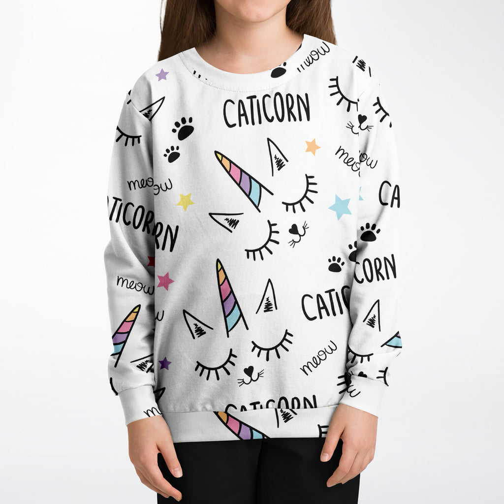 Girls magical caticorn sweatshirt in white cotton fleece with rainbow unicorn horns paw prints and playful meow text