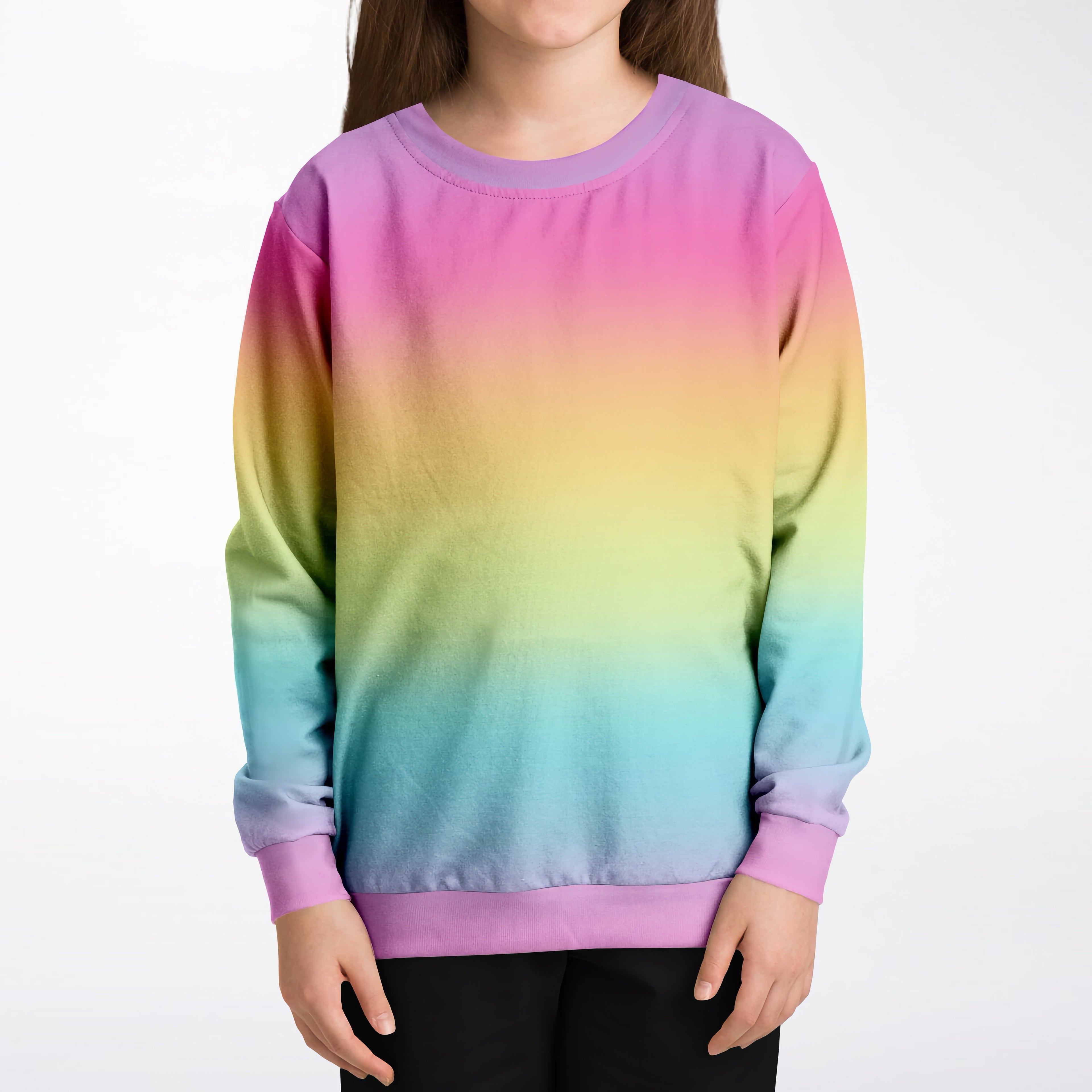 Girls bright rainbow sweatshirt with soft smooth cotton fleece fabric and matching pink cuffs and hem