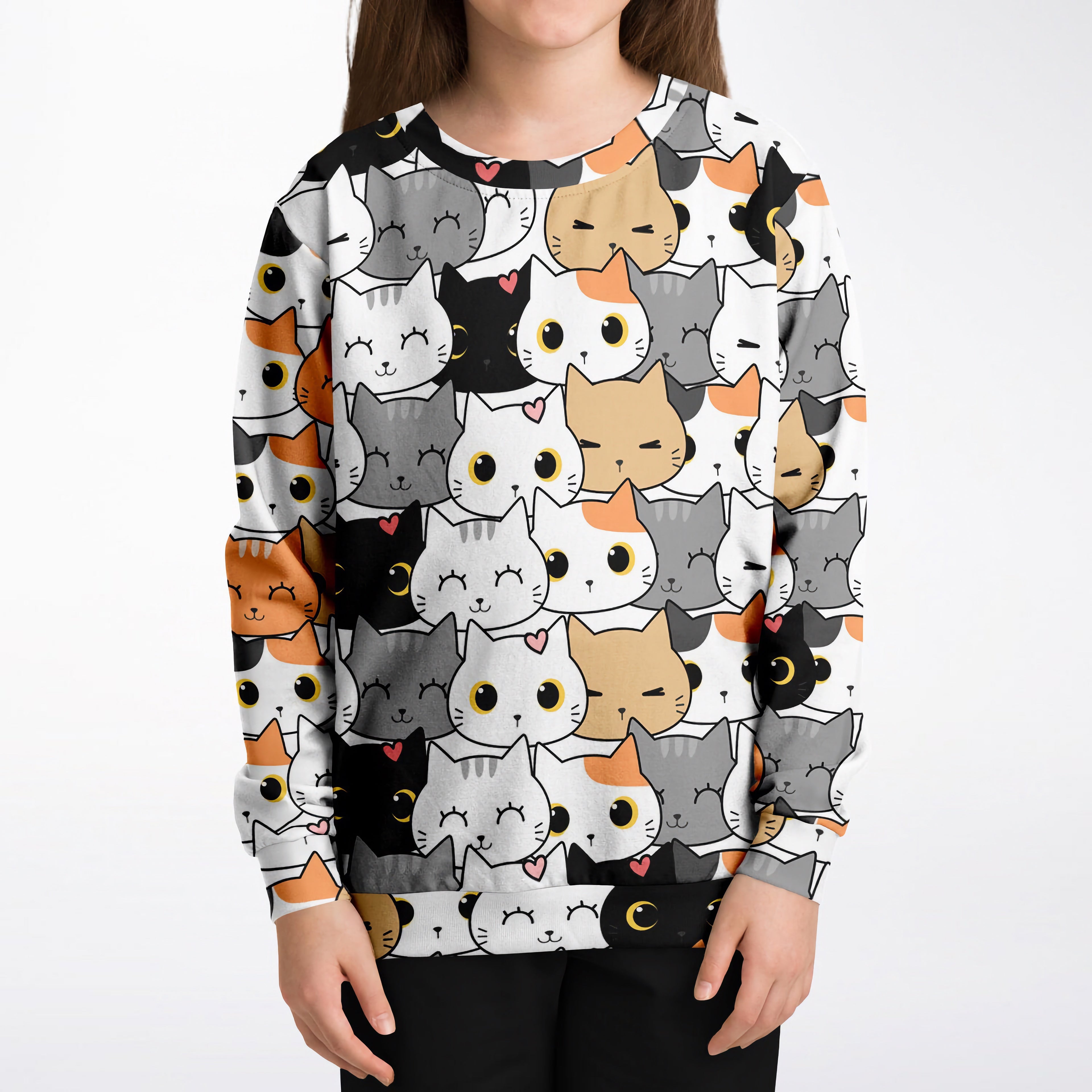 Girls Cute Cat Sweatshirt – Cozy Cotton Fleece or Lightweight Sports Fabric