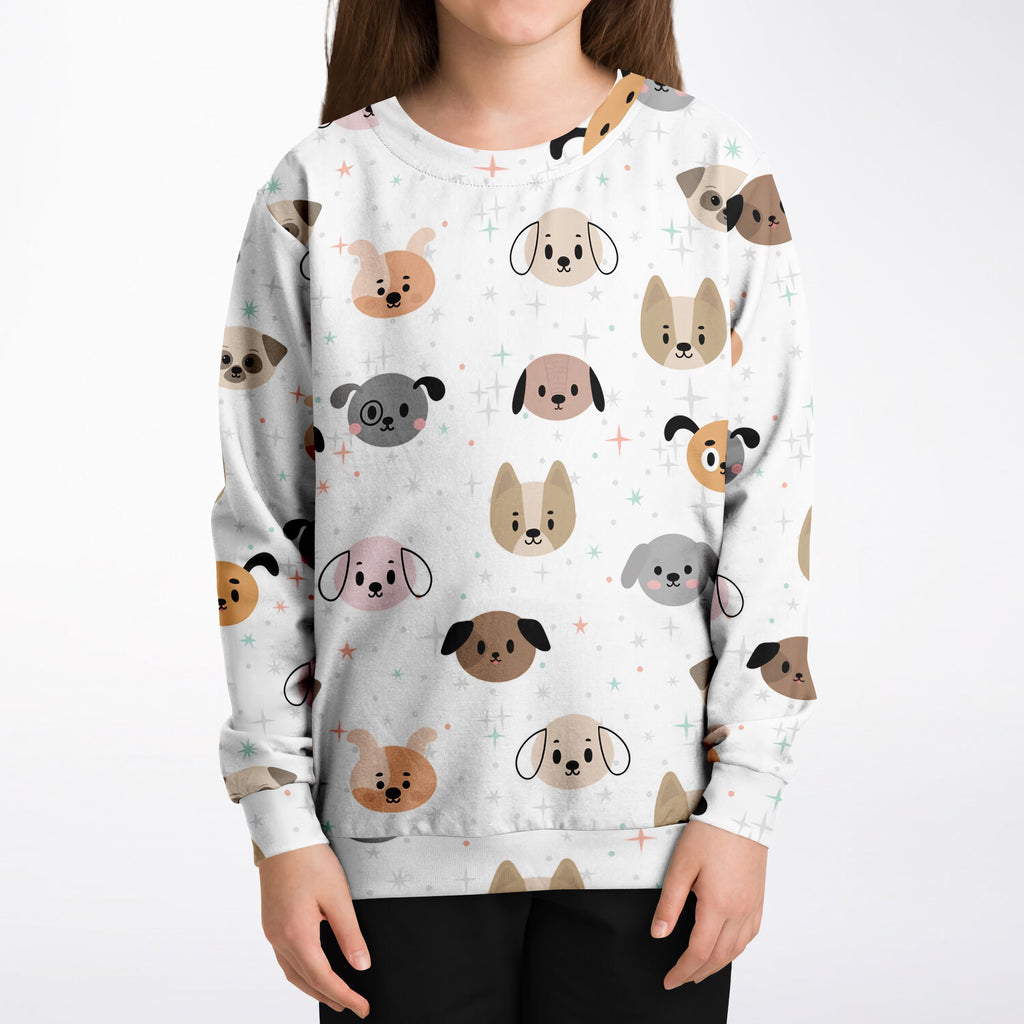 White long-sleeved kids dog face sweatshirt with playful cartoon dog pattern in beige brown and gray tones