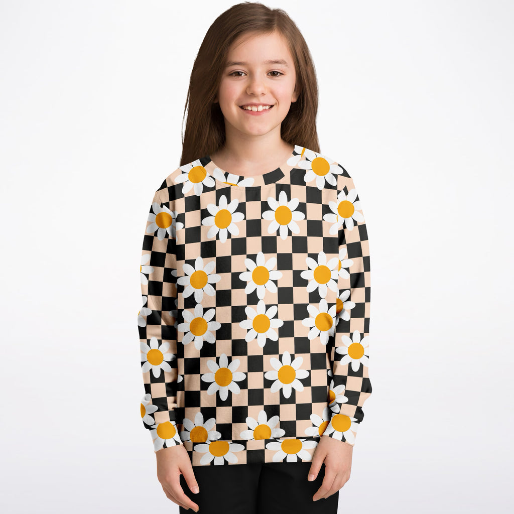 Girls Beige Checkered Daisy Sweatshirt – Ultra Soft & Stretchy, Cozy Fleece or Lightweight Sports Fabric Sweatshirt – Ultra Soft & Stretchy, Cozy Fleece or Lightweight Sports Fabric