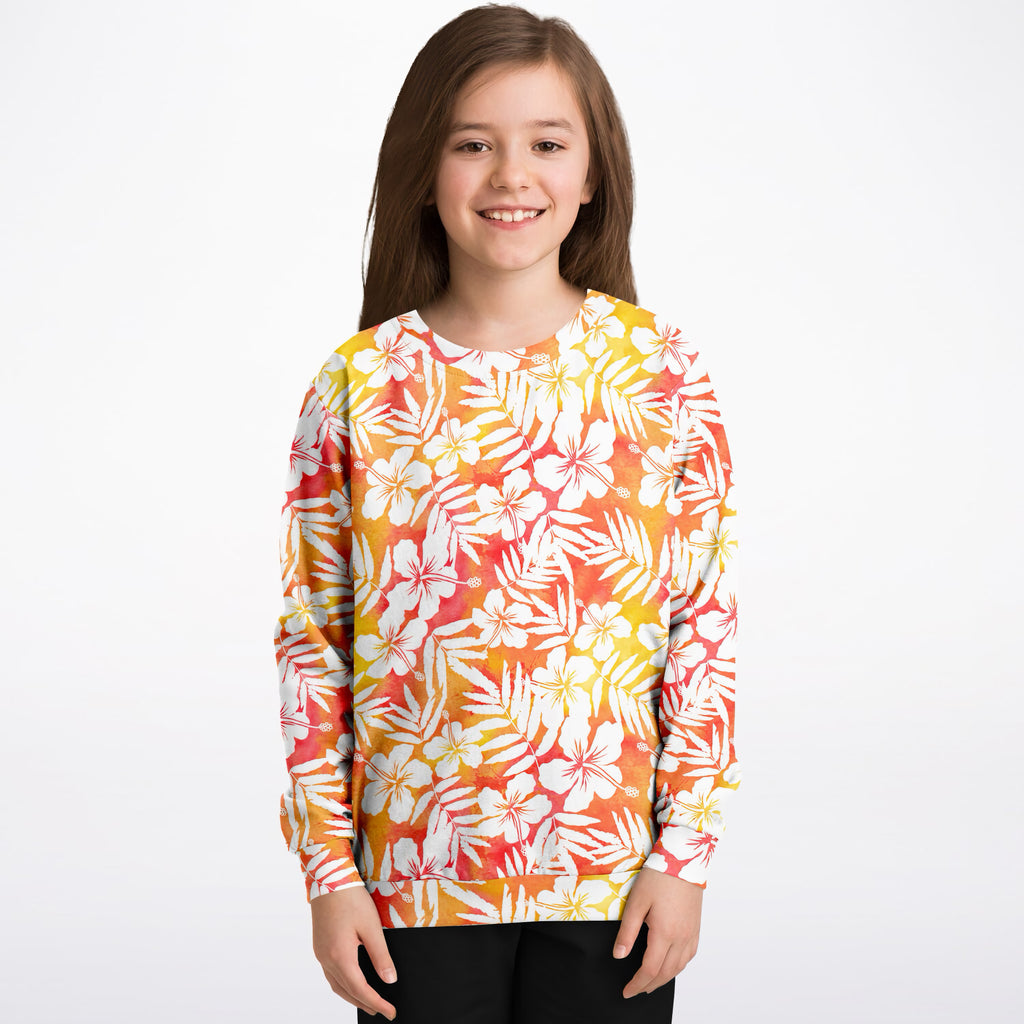 Kids Orange Tropical Hibiscus Sweatshirt – Ultra Soft & Stretchy, Cozy Fleece or Lightweight Sports Fabric Sweatshirt – Ultra Soft & Stretchy, Cozy Fleece or Lightweight Sports Fabric