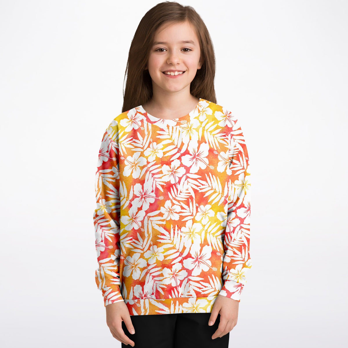 Kids Orange Tropical Hibiscus Sweatshirt – Ultra Soft & Stretchy, Cozy Fleece or Lightweight Sports Fabric Sweatshirt – Ultra Soft & Stretchy, Cozy Fleece or Lightweight Sports Fabric