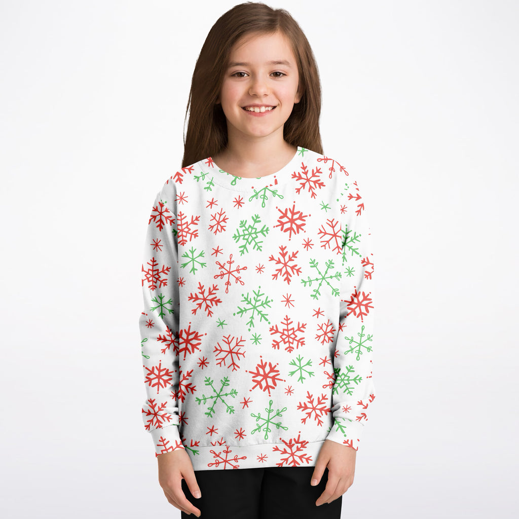 Kids Red & Green Snowflakes Christmas Sweatshirt – Ultra Soft & Stretchy, Cozy Fleece or Lightweight Sports Fabric Sweatshirt – Ultra Soft & Stretchy, Cozy Fleece or Lightweight Sports Fabric