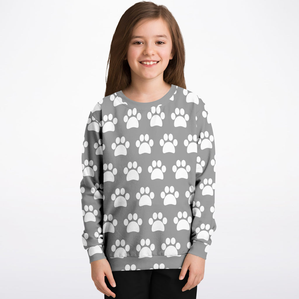 Kids Gray Paw Print Sweatshirt – Ultra Soft & Stretchy, Cozy Fleece or Lightweight Sports Fabric Sweatshirt – Ultra Soft & Stretchy, Cozy Fleece or Lightweight Sports Fabric