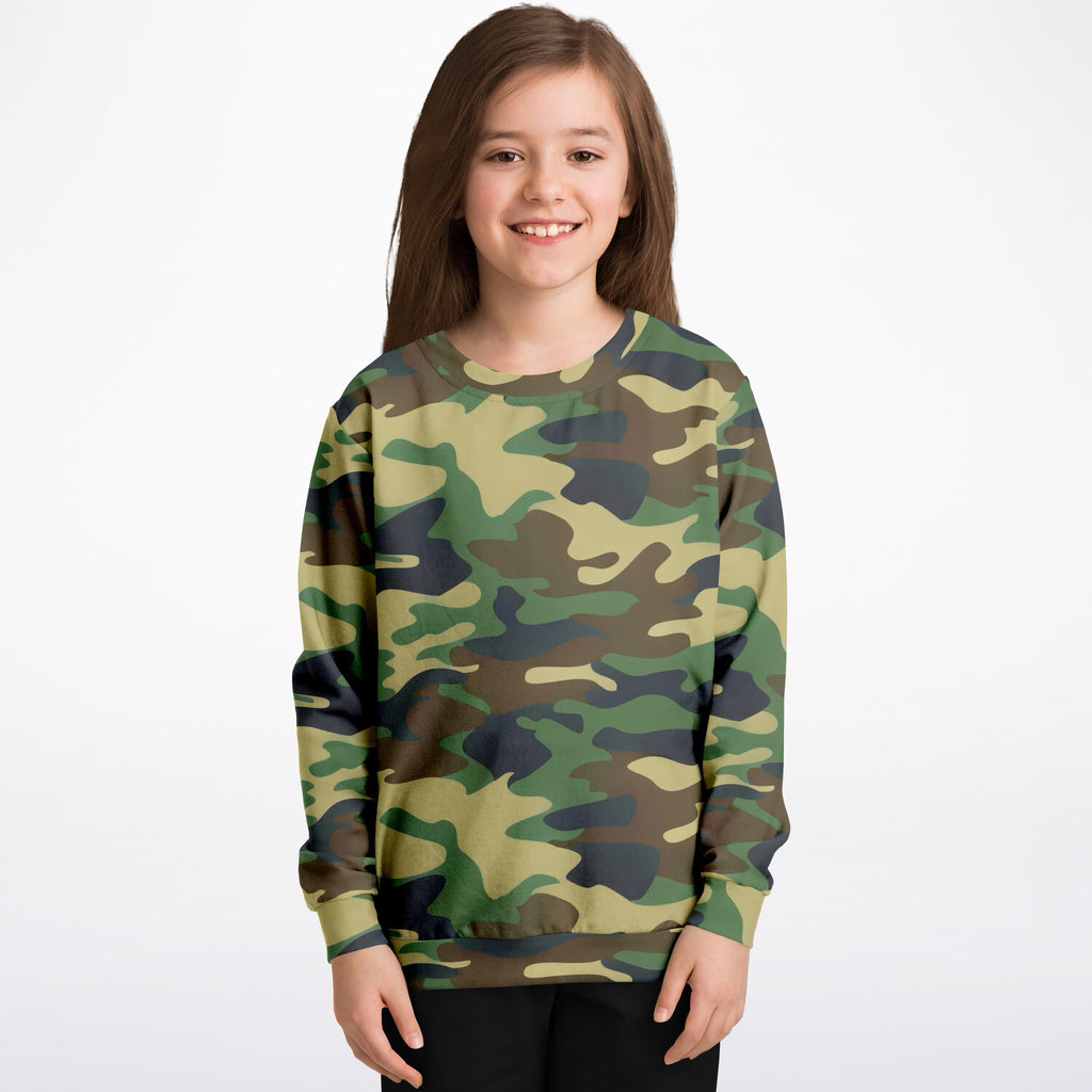 Kids Green Woodland Camouflage Sweatshirt – Ultra Soft & Stretchy, Cozy Fleece or Lightweight Sports Fabric Sweatshirt – Ultra Soft & Stretchy, Cozy Fleece or Lightweight Sports Fabric