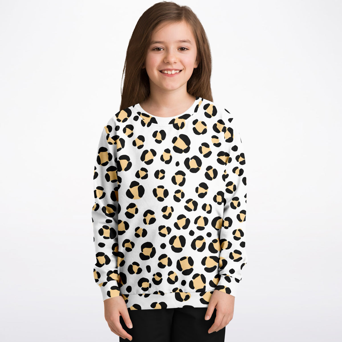 Kids Black & Tan Leopard Print Sweatshirt – Ultra Soft & Stretchy, Cozy Fleece or Lightweight Sports Fabric Sweatshirt – Ultra Soft & Stretchy, Cozy Fleece or Lightweight Sports Fabric