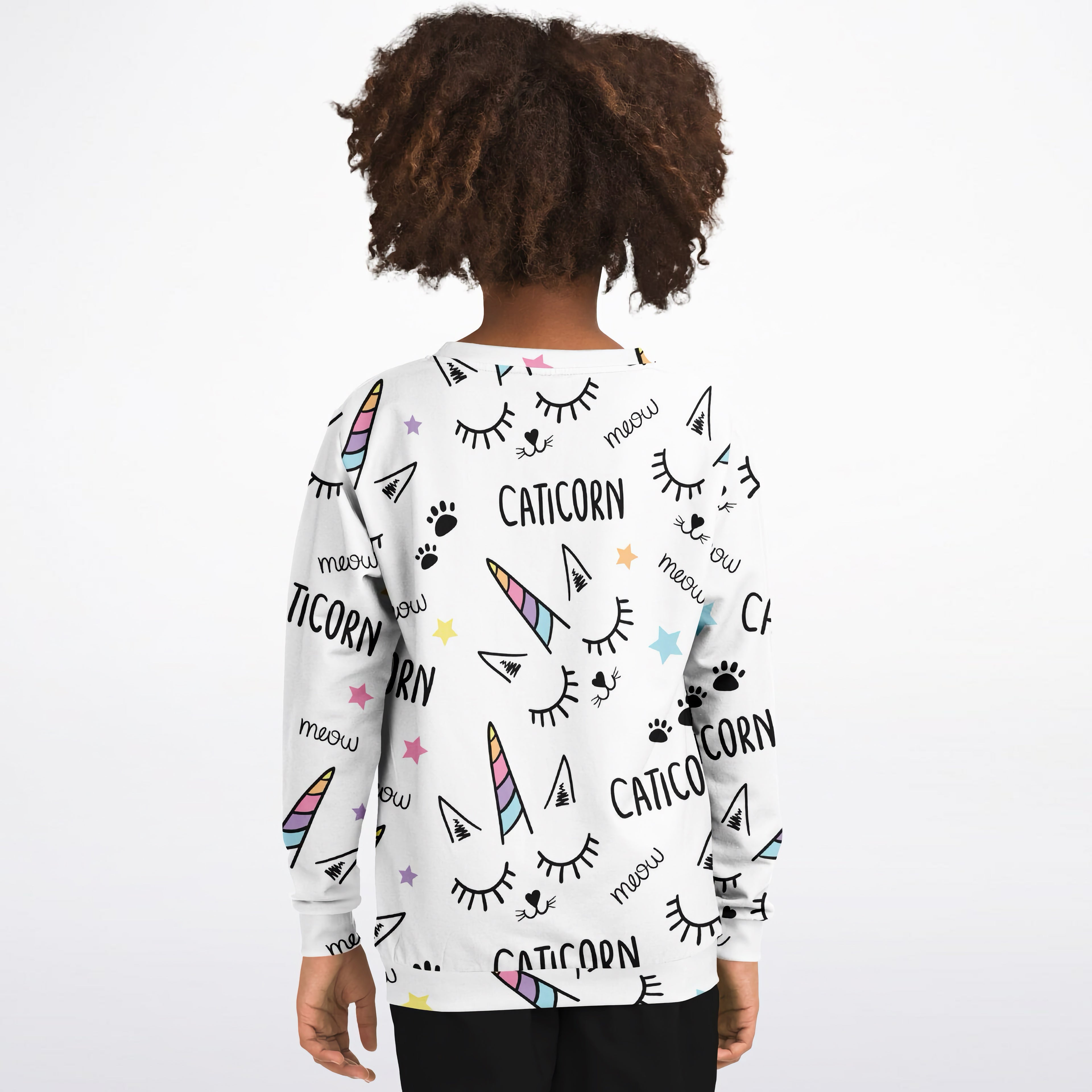 White girls magical caticorn sweatshirt with rainbow unicorns cat eyes paw prints cotton fleece fabric