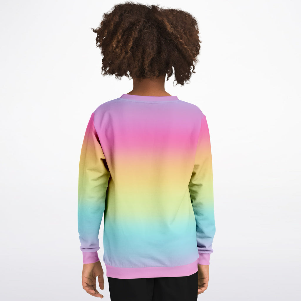 Girls bright rainbow long-sleeve sweatshirt with soft cotton fleece and a cozy relaxed fit for casual wear