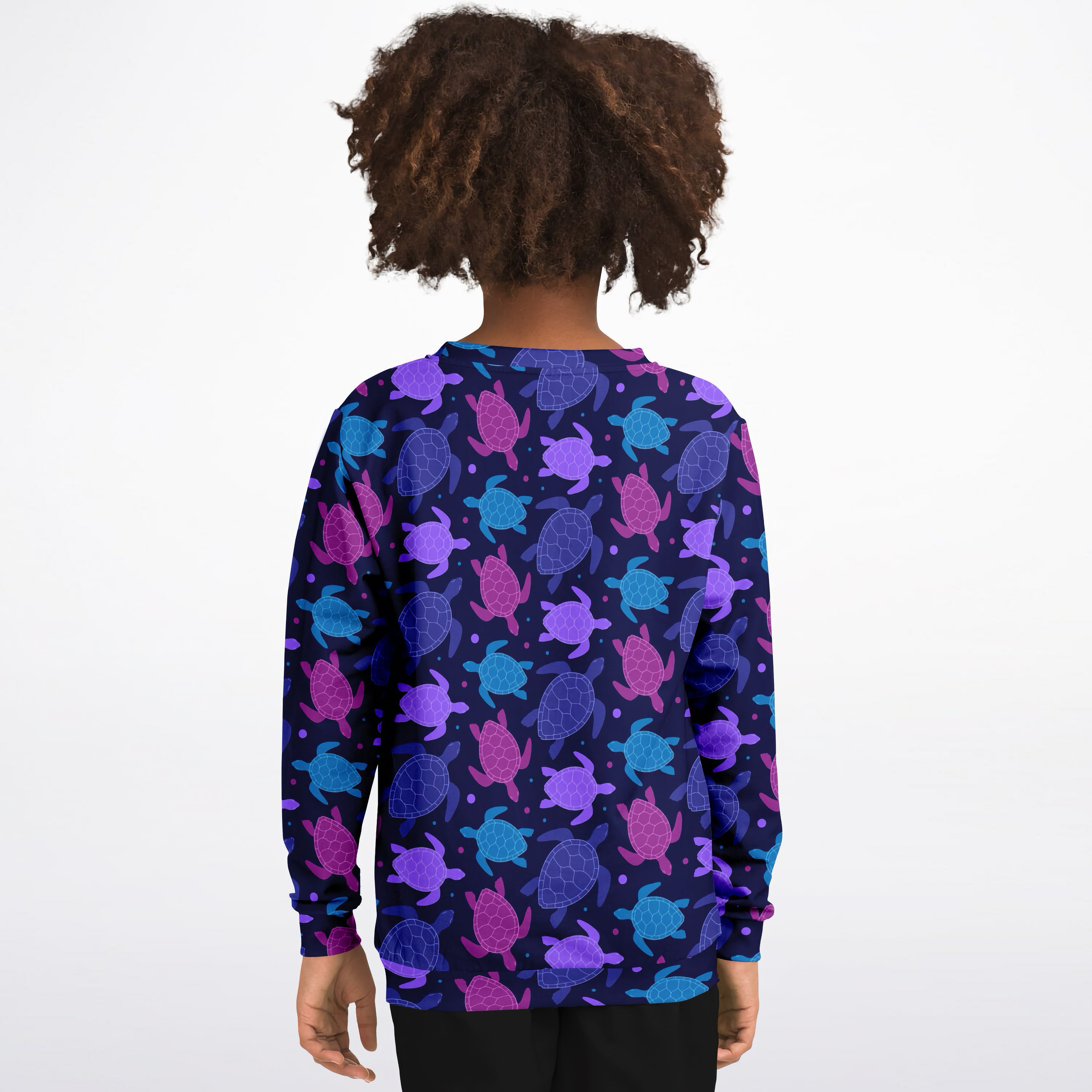 Girls purple sea turtle sweatshirt with vibrant pattern on cozy cotton fleece or lightweight sports fabric