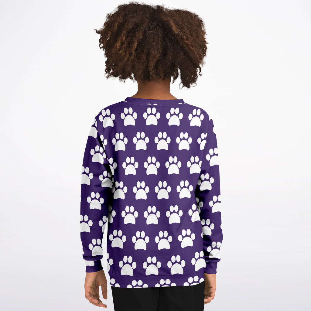 Kids Dark Purple Paw Print Sweatshirt – Ultra Soft & Stretchy, Cozy Fleece or Lightweight Sports Fabric Sweatshirt – Ultra Soft & Stretchy, Cozy Fleece or Lightweight Sports Fabric