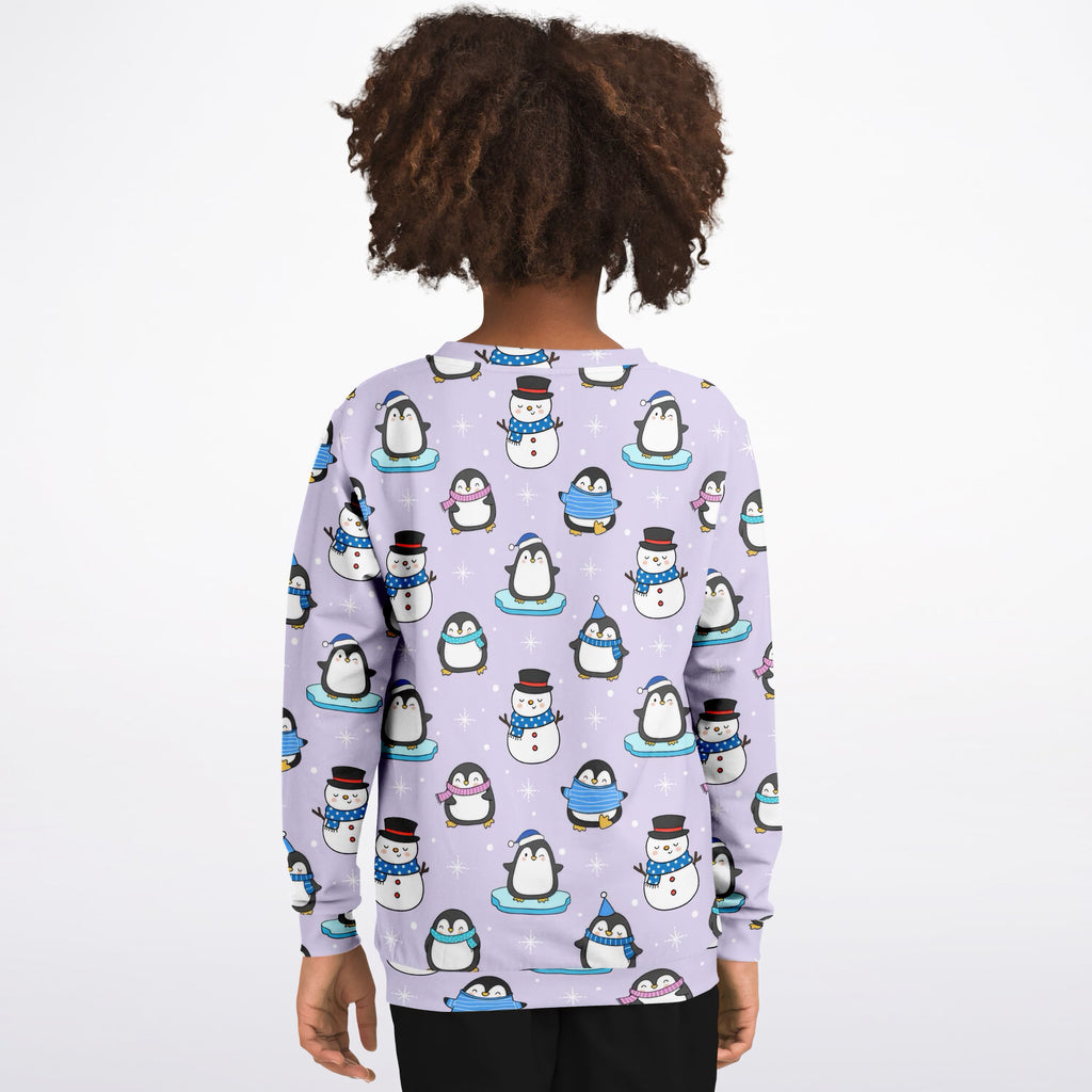 Kids Purple Penguin & Snowman Christmas Sweatshirt – Ultra Soft & Stretchy, Cozy Fleece or Lightweight Sports Fabric Sweatshirt – Ultra Soft & Stretchy, Cozy Fleece or Lightweight Sports Fabric