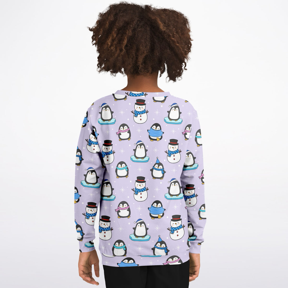 Kids Purple Penguin & Snowman Christmas Sweatshirt – Ultra Soft & Stretchy, Cozy Fleece or Lightweight Sports Fabric Sweatshirt – Ultra Soft & Stretchy, Cozy Fleece or Lightweight Sports Fabric